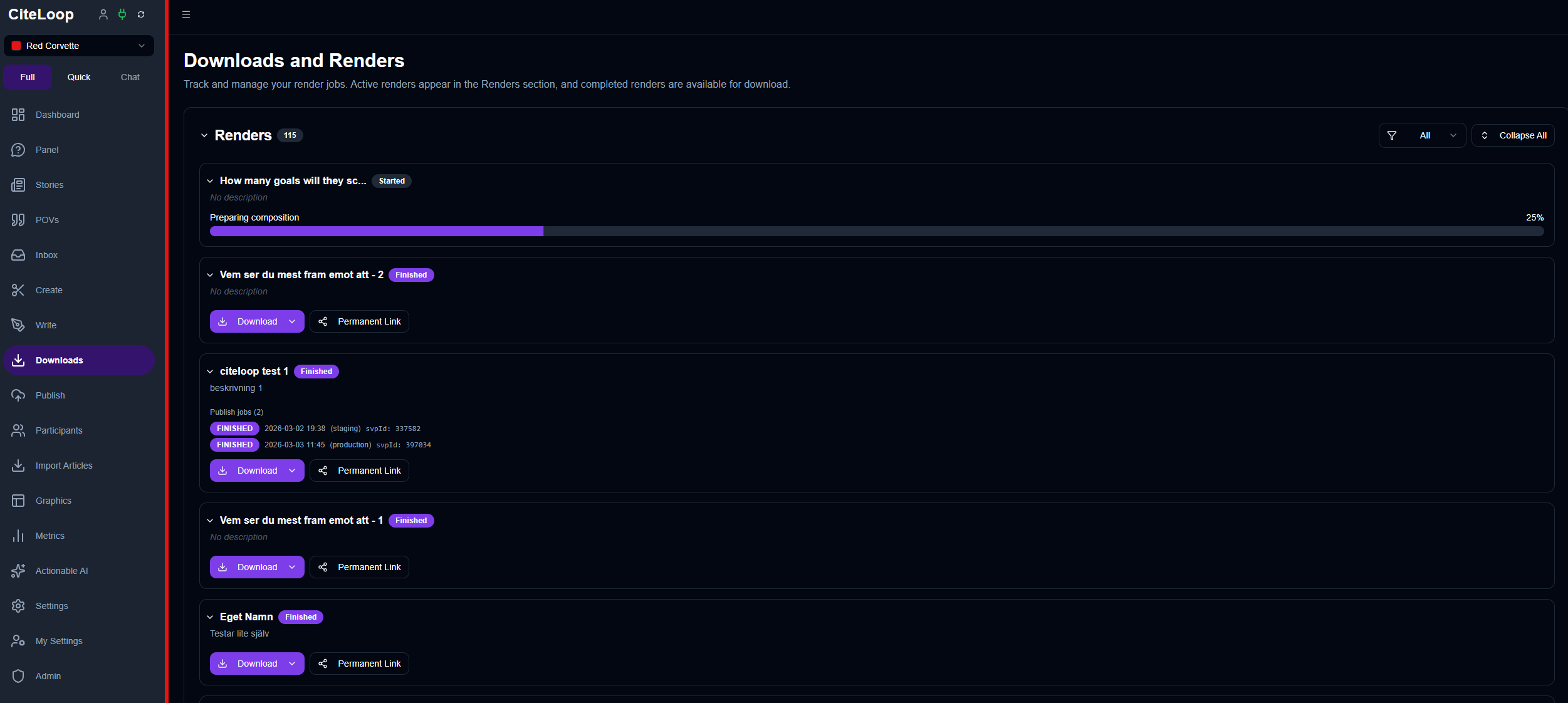 Renders page. Async render jobs with sharing.